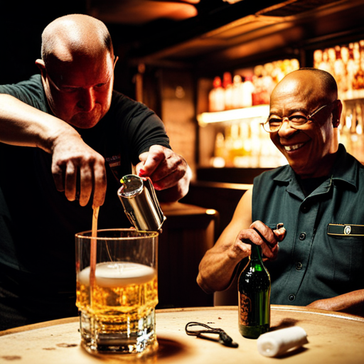 Wrewdison looks on as Ratz pours Angel's Envy Cask Strength into a glass. Ratz, with his shaven head, squinty brown eyes, and wrinkled face, wears a Russian military prosthetic arm that jerks monotonously as he works. The dim red lights of The Chatsubo illuminate the scene as loud electronic music plays in the background.
