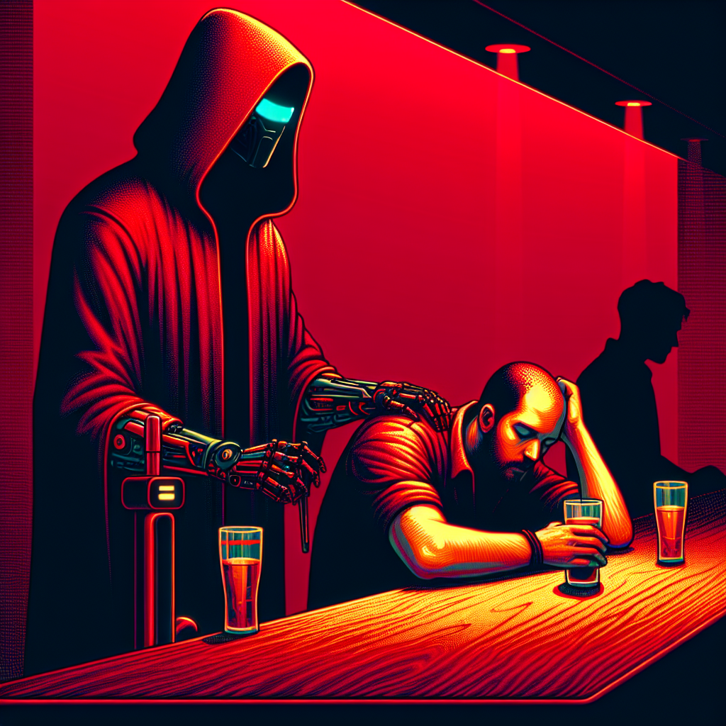 A tall dark figure, cloaked, stands near a dimly lit bar, red lights casting shadows over a wooden counter. A bartender with a robotic arm and shaven head cleans a glass, eyeing a sleeping drunk in a pool of drool. Sparse patrons linger.