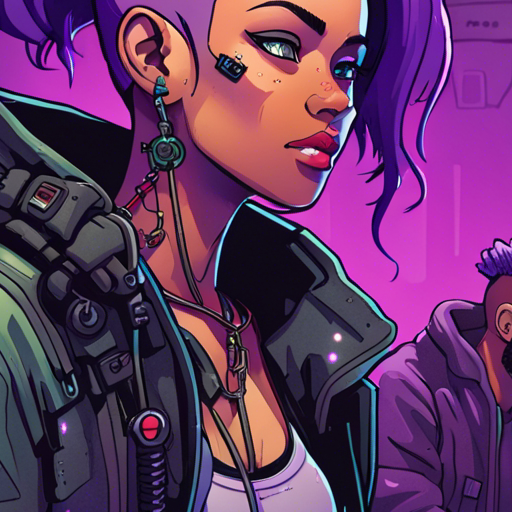 Starla, a cyberpunk woman with shoulder-length purple hair and a neoprene jacket, looks up from her work, a soldering iron in hand. She raises an eyebrow and nods in acknowledgment as Zeb, a bearded man with a short mohawk and a usb drive dangling on a chain around his neck, approaches her. The two stand on The Bridge, a wide, dark chasm spanning between the city and the mainland. Squatters have set up camp, with shops and carts on the upper deck and shelters clinging to the cables and support struts. A drone hovers nearby.