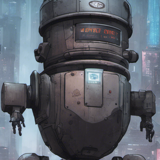 A cylindrical security bot, FRED-209, stands in the Corpo District. Skyscrapers with corporate logos surround a central square. A holo billboard displays advertisements. Steam leaks from a slightly ajar manhole. It is mid-day.