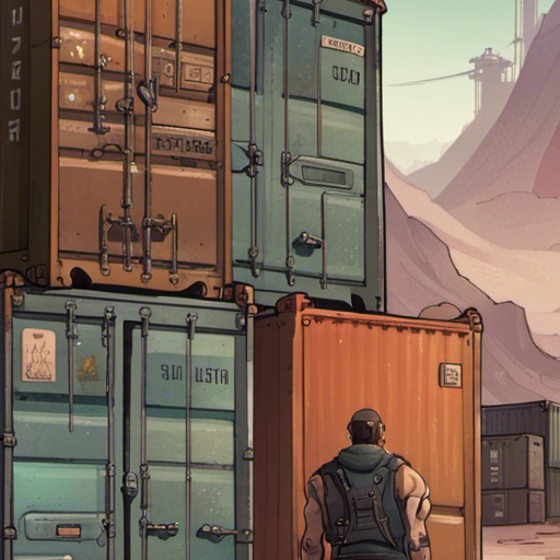 Zeb stands before three worn and rusted shipping containers, their doors locked but potential supplies hidden within. The containers are arranged in an L shape, with one stacked on top to form a shelter underneath. The wasteland stretches out behind him, with dusty roads, small cacti, and jagged mountain ranges in the distance.