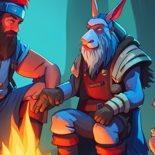 Zeb sees a group of adventurers gathered around a campfire in a sun-filled clearing. Donkules, a sarcastic talking donkey, talks to Zeb about failed rebellion plans against megacorps. A gnome in blue coveralls and a red hat listens intently, while a desperate barbarian in a fur loin cloth and tall boots eagerly awaits a quest. In the background, a mushroom village adds a touch of whimsy to the enchanted forest scene.