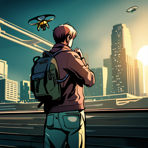 Vince carefully lands the yellow and black striped quadcopter drone with a gas-propelled grappling hook and dyneema cable. He checks the attachments before stowing it in his bag. He looks around at the squatters and shops on the unused bridge, ready to move on.