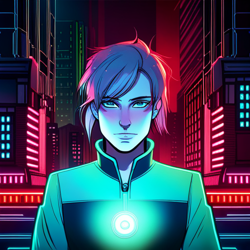 A brooding figure with a piercing stare stands in the center of Cyberdelia, surrounded by neon lights and smoke. Screens flicker, lights dim, and music distorts as chaos ensues. All eyes are on p0lowww as they demonstrate their hacking skills.