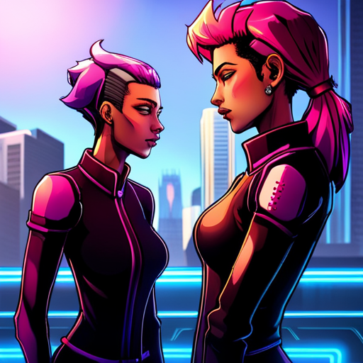 A cyberpunk woman with shoulder-length purple hair, Starla, stands beside her custom bike. She wears a neoprene jacket with neon colored piping. Zeb, a bearded man with a spikey mohawk, updates her on his AI while she listens attentively, ready to share her own improvements for Scout.