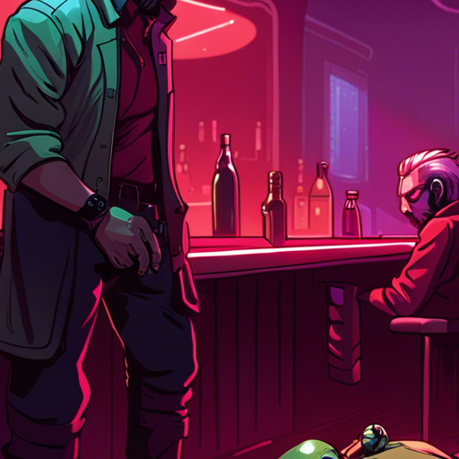 Zeb(1) sees the Zeb Clone lying on the floor, unmoving and unresponsive. The dim red lights of The Chatsubo illuminate the scene, casting a somber atmosphere. Ratz, the bartender, stands behind the long wooden bar, observing the motionless clone. A drunk man sleeps nearby, oblivious to the situation. Zeb(1) stands in the foreground, his bearded face and short mohawk contrasting with the darkness of the bar. The air is still, and a sense of tension hangs in the air.