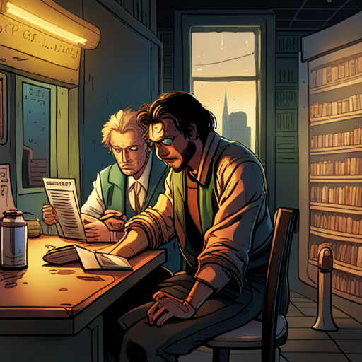 Thraeryn studies the pages of "Mastering Arcane Arts" for potential spells to use in a bank heist, while Arnold leans against the wall nearby. A copy of "Sorcery for Dummies" sits on the counter of Falafel guy's food cart.
