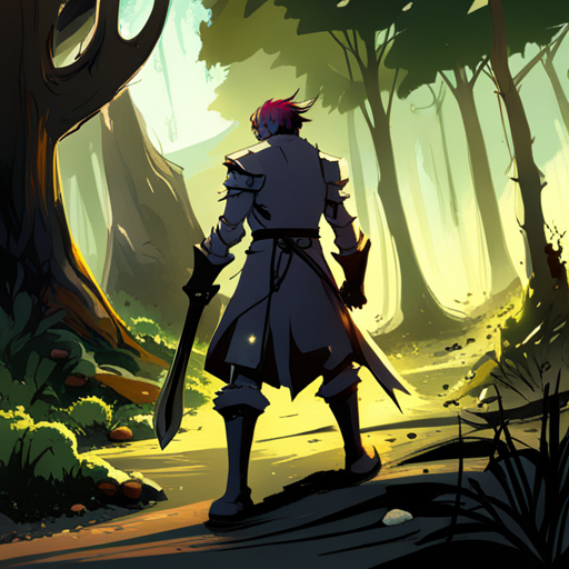 Zeb, with his black katana drawn, approaches a small, lightly-armored orc while wearing his noise-cancelling boots and cloaking field-emitting stealth gear in a sun-filled clearing in an enchanted forest.
