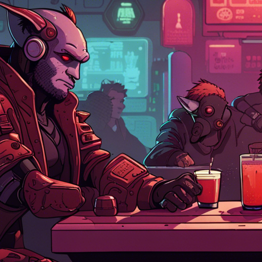 Zeb sits at the bar, holding a steaming mug of black coffee. Ratz, a gruff figure with a robotic arm, leans on the bar, his squinty brown eyes fixed on Zeb. The dim red lights illuminate the small bar, which is mostly empty except for a drunk man sleeping in a pool of drool. Zeb, a bearded man with a short mohawk, looks cool in his sleeveless black shirt and loose pants. A USB drive dangles from a chain around his neck. The Ono Sendai Cyberspace 7 sits nearby, waiting for its next user. It's a quiet moment in The Chatsubo, but someone is looking for Zeb, and Ratz wants him to know.