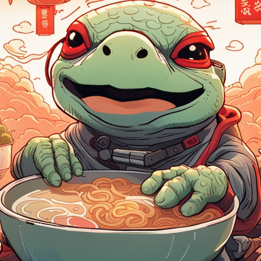 Potato sees Kappa, a large turtle-like creature with a bowl on his head, nodding and smiling. Kappa is gathering ingredients swiftly and skillfully, preparing five bowls of ramen. The tantalizing aroma of the simmering broth fills the air. The scene takes place in Ramen Heaven, a tiny restaurant with a red and white mural of the sunrise on the wall. It is a cozy atmosphere, with only three seats at the bar. The time of day is lunchtime, and the weather outside is sunny and warm.