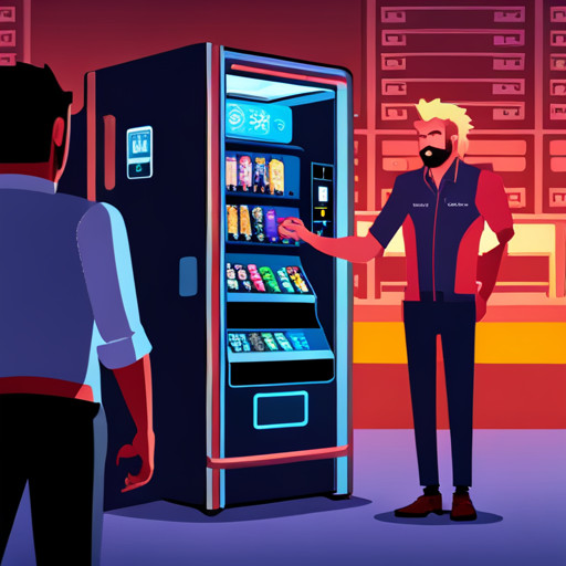 Wrewdison, a tall and fit Q with slightly messy hair, stands in front of a digital touch screen vending machine in Loading Screen. The machine, which can produce any object in the known universe for just a quarter, hums gently in the background. Zeb, a bearded man with a spikey mohawk, stands nearby. A hologram of Ben Brown looks pleased to see them all. 
