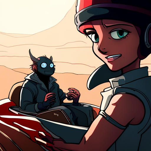 Truffle's toothless grin and red-spotted cap contrast against the sleek black dune buggy as Zeb inspects their new ride. 
