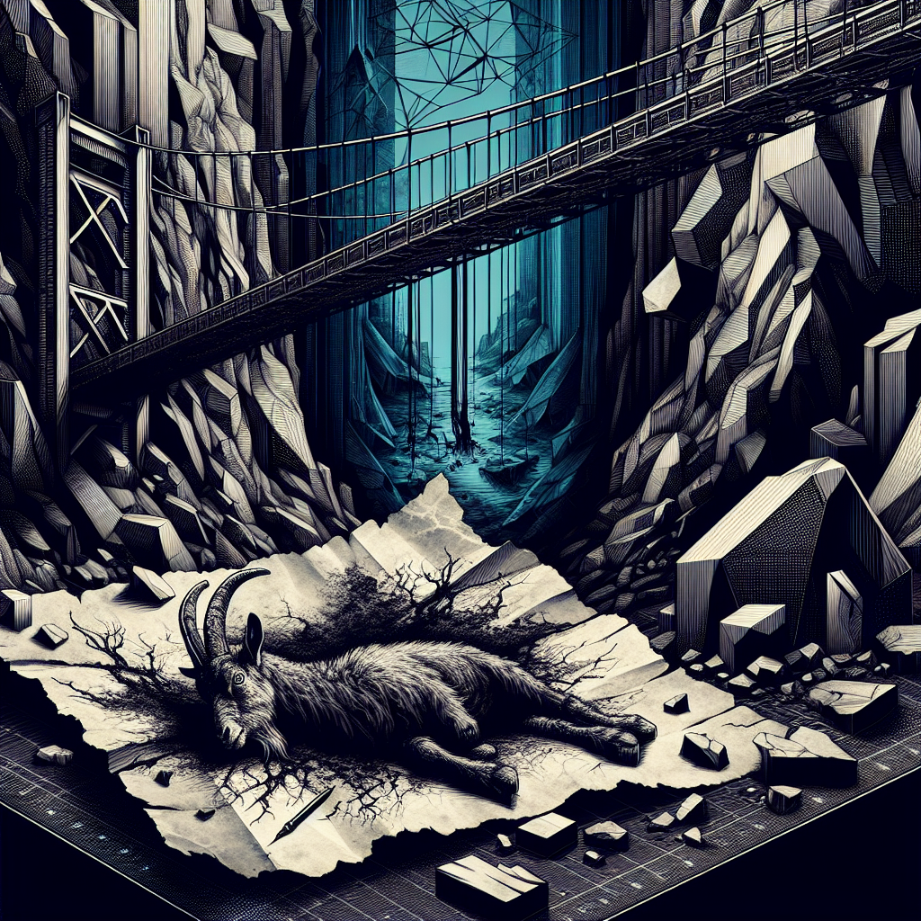 1. A fragmented paper with a primitive goat drawing rests on the shadowy chasm floor, near geometric boulders and a sheer cliff with a ragged cave mouth. Above, a bridge's support beam looms.