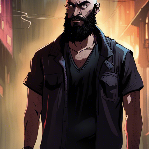 A bearded man with a short mohawk stands in a grimey alley, rain lightly falling. He looks cool, wearing a sleeveless black shirt and loose pants. A black goat with eerie, glinting eyes stares at him, suggesting dark magic. The alley is dimly lit by a flickering lightbulb, and the word "Hell" is spraypainted on the wall. A minidisc sits nearby.