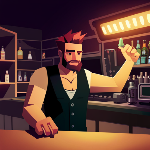 Ratz, a gruff German bartender with a robotic arm, squints at Zeb and warns him of danger in the dimly lit Chatsubo bar. The bar is filled with deck jockeys and loud electronic music. Zeb, a bearded man with a spikey mohawk, stands at the bar wearing a sleeveless black shirt and loose pants with lots of pockets.
