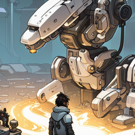 Lazarus stands in front of the object forge, a glass device with robotic arms and a holocule extruder. The forge emits a ping sound, indicating the completion of a new item. Lazarus eagerly looks over to see what has been created. The Loading Screen, an endless white expanse, serves as the backdrop for this scene.