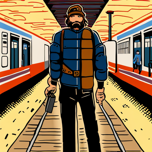 A tall, bearded man with messy hair approaches the entrance of an abandoned subway station. Colorful tiles line the walls and an old subway car sits idle on the tracks. He notices a faint smell of pizza and wonders if the ninja turtles might be nearby. Nearby, an atari 2600 and a stack of pizza boxes sit. 
