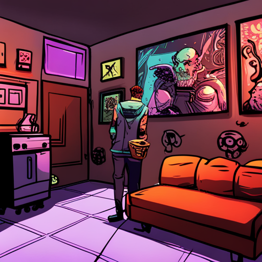 Zeb stands in a small room filled with eclectic decor, holding various items including an orc skull helmet. A packet of glitterstim spice sits on the graffiti-covered coffee table. Three exits lead to different areas of Devil's Night. 
