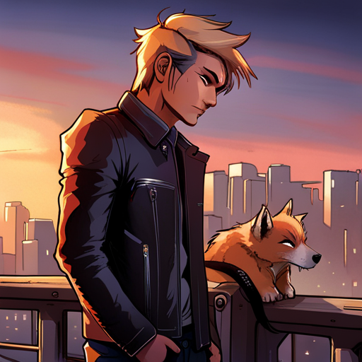 Zeb scans the stranger with his advanced Senzo system, revealing an unknown substance. The stranger has short blonde hair and a serious expression, wearing a black leather jacket and carrying a large backpack. A small, furry creature with pointed ears and a bushy tail sits on the stranger's shoulder. In the background, the dilapidated Bridge looms ominously. 
