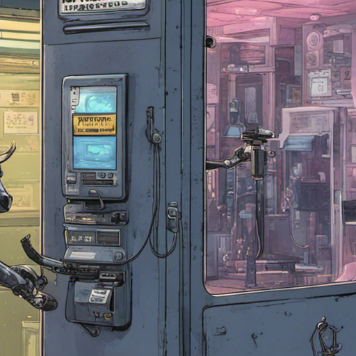 Quanta's drones hover in front of the payphone, examining its vintage charm. They notice the quarter in the coin return and the cult of the dead cow sticker on the glass door. Curiosity fills the air as the drones attempt to connect to the mysterious dataport, eager to unravel its secrets.