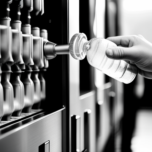 A hand reaches into the vending machine and retrieves a bottle of water. The bottle is cold and refreshing, condensation forming on its surface.