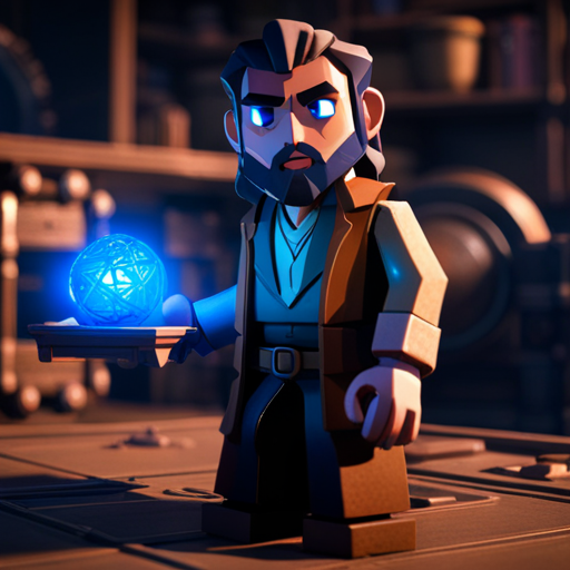 In the photo, Thraeryn can be seen holding a Choronzon's Magical Press, looking determined but cautious. The press is a sleek, metallic device with glowing blue accents. The crate in front of him is old and dusty, with a worn Senzo Technologies logo on the side. Mr Whiskers, a bearded mountain man, approaches the crate with curiosity. The axolotyl nearby emits a faint green glow from its frilly gills. The scene suggests that the crate may contain valuable technology or treasure, but unlocking it will not be easy.