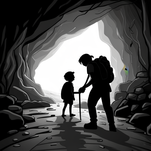 Veeyawn peers into the shiny cave, noticing a worn-out olive green backpack with basic survival supplies. The rocks inside the cave glimmer in the faint light, casting elongated shadows, and the way becomes narrower and slippery. 
