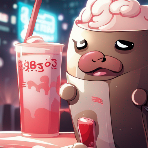 Potato's view of the milkshake reveals a creamy sweetness, as he takes a long sip. The refreshing coolness spreads throughout his mouth, providing a momentary respite from their adventures. The milkshake is held in a tall glass, with a red and white striped straw poking out of it. The background shows the dimly lit interior of The Chatsubo, with a long wooden bar dominating the space. Ratz, the bartender, stands behind the bar, while a drunk man sleeps in a pool of drool nearby. Strawberry, a girl with strawberry-themed attire, can be seen in the distance. The time of day is evening, and the bar is mostly empty.