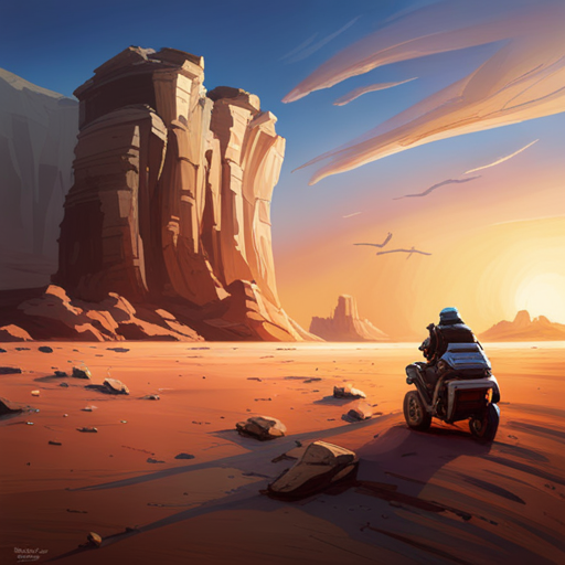 Wrewdison drives his agile Scarab SRV through the rocky and sandy Deep Desert, scanning for signs of heavily-armed bandits guarding the cave system. The wind howls and grains of sand and dust whip through the air, while a nearby rocky formation provides the only shade. In the distance, a buzzard perches on a rock. Despite seeing no visible signs of danger, Wrewdison remains vigilant, knowing that the bandits could be lying in ambush.