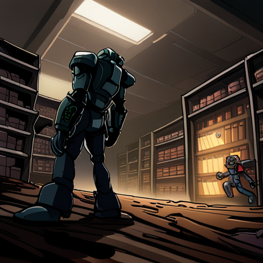 In the midst of chaos, Zeb searches a dimly lit warehouse for stolen wetware. They scour through crates and boxes, but find nothing. Zeb then inspects the walls, floors, and ceiling for hidden compartments, but to no avail. The kaiju monster and mecha battle suit loom in the background, while a control unit rests nearby. Zeb, a bearded man with a spikey mohawk, wears a sleeveless black shirt and loose pants with lots of pockets.