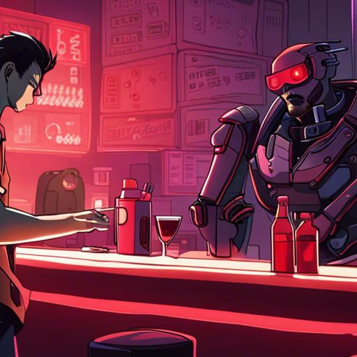 Wrewdison sees a gruff bartender with a robotic arm pointing to a slip of paper on the counter. The bar is dimly lit with red lights, and there is a drunk man sleeping nearby. The Ono Sendai Cyberspace 7 is visible on the counter. It is quiet and mostly empty in the bar. It is nighttime and the weather outside is unknown.