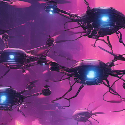 The photo captures Quanta's drones hovering in the air, their metallic bodies glinting under the neon lights of Cyberdelia. The drones, resembling a swarm of bees, are scanning themselves, inspecting their intricate network of connections and algorithms. They appear focused and efficient, ensuring their own structural integrity and operational efficiency. In the background, the smoke-filled hacker nightclub buzzes with activity, with Crash Override engrossed in a game of Wipeout on a nearby console.