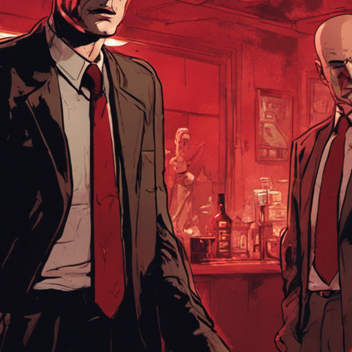 Agent Cooper stands in the dimly lit bar, his pale face illuminated by the red lights. He looks at Ratz, a gruff figure with a shaven head and squinty brown eyes. Ratz raises an eyebrow as he speaks, revealing his decayed teeth and robotic arm. The abandoned warehouse is visible in the background, a foreboding place down by the docks. It is nighttime, and a light rain falls, adding to the ominous atmosphere.