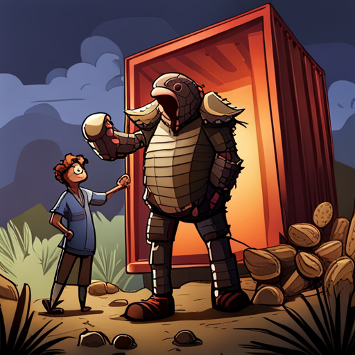 In the photo, wrewdison sees a wary Pangolin mutant covered in armor-like scales, with a long nose and sticky tongue. The mutant is standing in front of a rotting shipping container outpost, talking to a shirtless mechanic. A buzzard is perched on a nearby container. Pangolin is super pissed off about humans killing and eating his friends, and misses his capybara best friend who disappeared into the city. He wants to trade, but only has weird berries to offer.