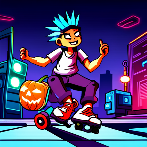 Crash Override, with spiky blue hair and a heads-up-display covering one eye, greets pumpkinpie while wearing cargo pants and a vest with lots of pockets. He's sitting on rollerblades and holding a minidisc player in his hand. The dimly lit hacker nightclub Cyberdelia can be seen in the background, with neon lights and techno music filling the air.

