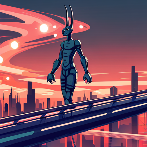 A humanoid creature with a long nose and pointy ears stands on a bridge, looking out into a swirling vortex of colors and shapes. Strange creatures and vehicles fly by in the distance. 
