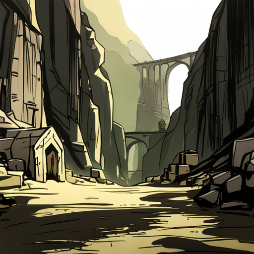 Zeb's view from Scout shows a worn but sturdy bridge spanning the chasm. The surroundings are shadowed by tall cliff walls, with geometric boulders scattered below.