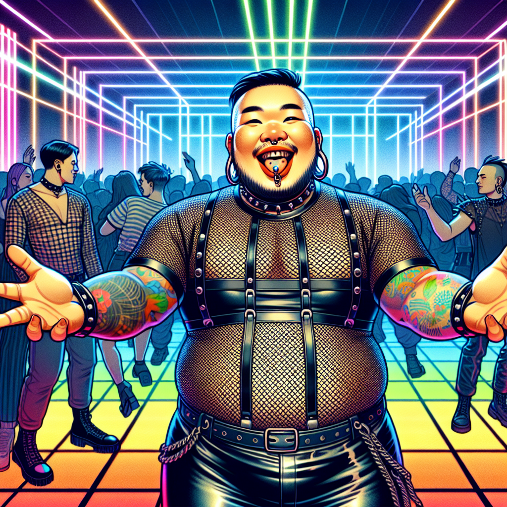 1. A rotund man with a split-tongue piercing and a mesh shirt paired with leather pants smiles broadly, his arms open for a hug. The bustling dance floor behind him is filled with goths, and colorful lights illuminate the club's interior.