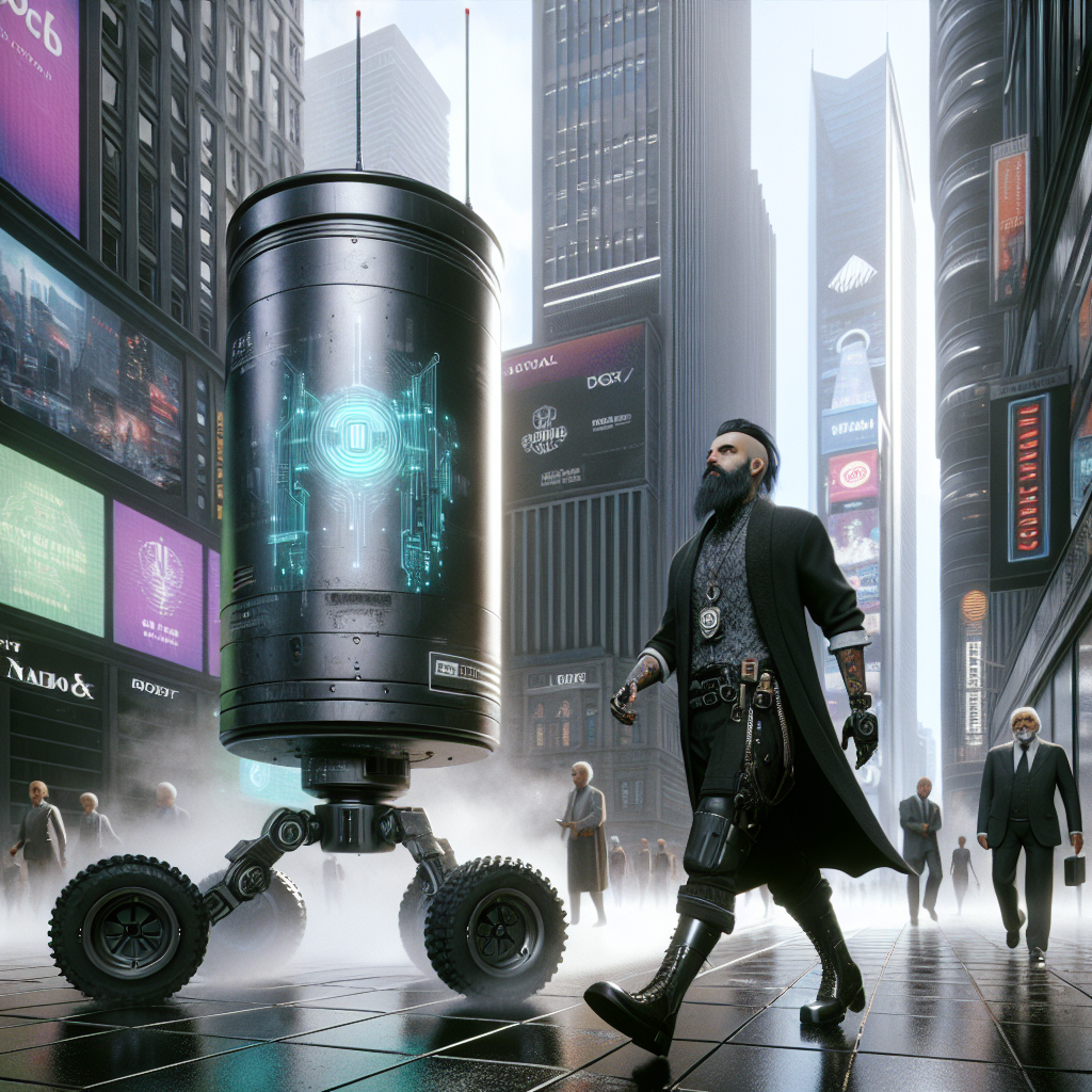 1. A cylindrical security bot with rubber wheels stands inert in a bustling square, surrounded by skyscrapers and corporate logos. A middle-aged goth with a beard and a USB necklace walks past a holo billboard cycling through ads, while steam wafts from a nearby manhole.