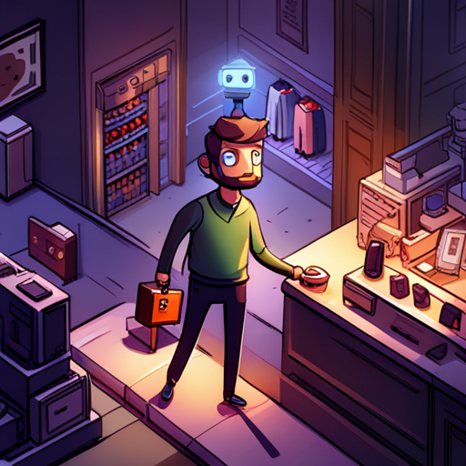 In the bustling retail store, Zeb looks towards the projection of Robby, a small pet robot with a round head and big eyes. He turns to wrewdison, a tall fit man with a beard and slightly messy hair, and asks about decrypting a data chip. The store is filled with excited players browsing merchandise and chatting, while employees buzz around eager to help. The cyberpunk vibe is palpable.