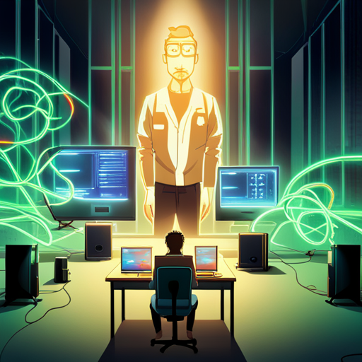 Waffles sees a dimly lit room filled with smoke and neon lights. They are sitting at a table, surrounded by networking cables and video projectors. On the screen in front of them, lines of code flash as they decrypt the obtained data. Waffles, a man with broken glasses and a missing shoe, is focused and determined, using their expertise to unravel the complex encryption. The secrets within the files are about to be revealed, exposing a web of corruption and manipulation. The road ahead is perilous, but Waffles is ready to seek justice and dismantle the conspiracy.
