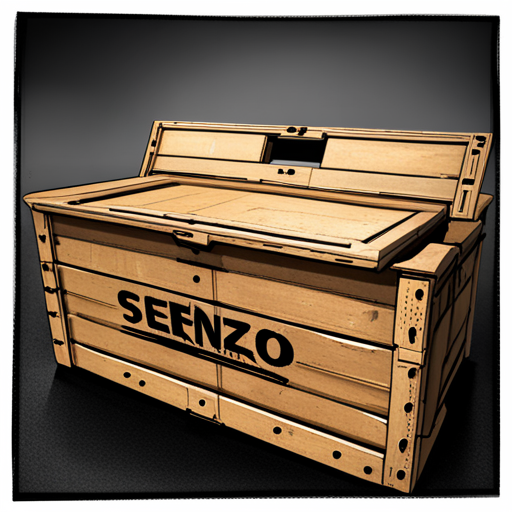 A dusty, locked crate with a worn Senzo Technologies logo. Once state of the art, it may contain valuable technology or treasure.
