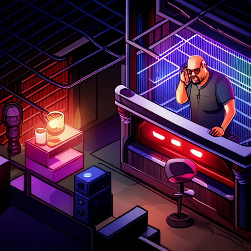 Zeb sees Dixie Flatline, a bald, middle-aged man with a goatee and glasses, speaking to him through his cyberdeck. The Cage, a seedy club in the Red Lite district, is the location of a secret message. The Chatsubo is a dimly lit bar with electronic music playing in the background. Ratz, the bartender, is visible behind the long wooden bar.
