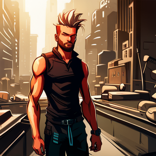 Zeb, a bearded man with a spikey mohawk, wears a black sleeveless shirt and loose pants with pockets, standing on The Bridge amidst shops and shelters. 
