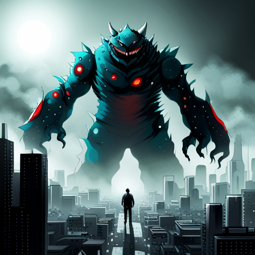 Remz sees the towering kaiju monster with its sharp, powerful teeth and the destruction it has caused in the background. The sadness and anger in its eyes are evident. 
