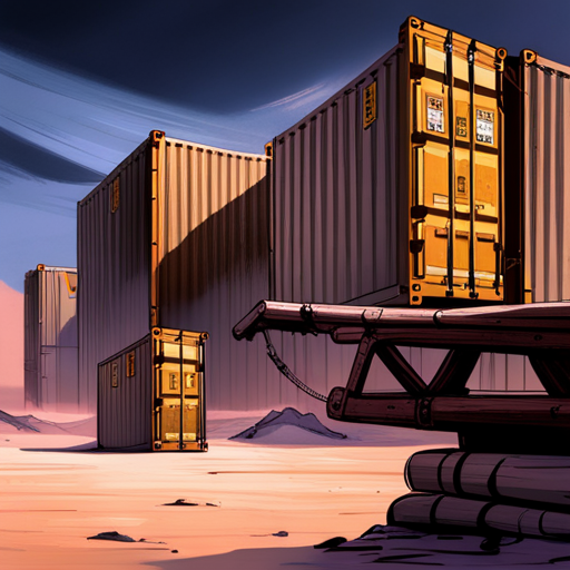 Zeb's gaze falls upon three weathered shipping containers to the east. Two are arranged in an L shape, while the third is stacked on top, creating a sheltered space beneath. The containers show signs of age, with rusted exteriors and a worn appearance.
