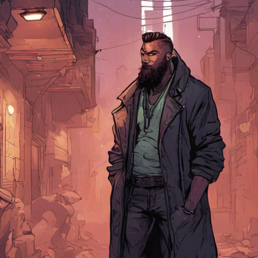 Zeb, a bearded man with a short mohawk, stands in a grimey alley. The bricks and ground are wet from the light rain. The alley is dimly lit by a flickering lightbulb. Zeb listens attentively as a black goat, its eyes flickering mischievously, shares secrets of intercepting pager messages.