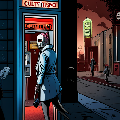 Cinja picks up a quarter from the payphone and notices a cult of the dead cow sticker on the phone booth's glass door. The sticker features a cow skull with a mohawk and the words "Cult of the Dead Cow - Hacktivismo since 1984". The scene is dark and damp, with thumping baselines echoing from nearby nightclubs. A mustached falafel guy stands next to a food cart.