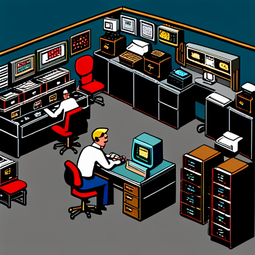 In the dark and cramped control room, kc tries to turn on the Vectrex console on the table. Piles of flickering CRT televisions are stacked on desks and tables. Max Headroom appears on the TVs, chatting with Theora, Zeb, Basic Elf, and Chaos. Zeb punches a hole through 12 CRT televisions, and Wrewdison and Waxpancake appear with hallucinogenic pizza.