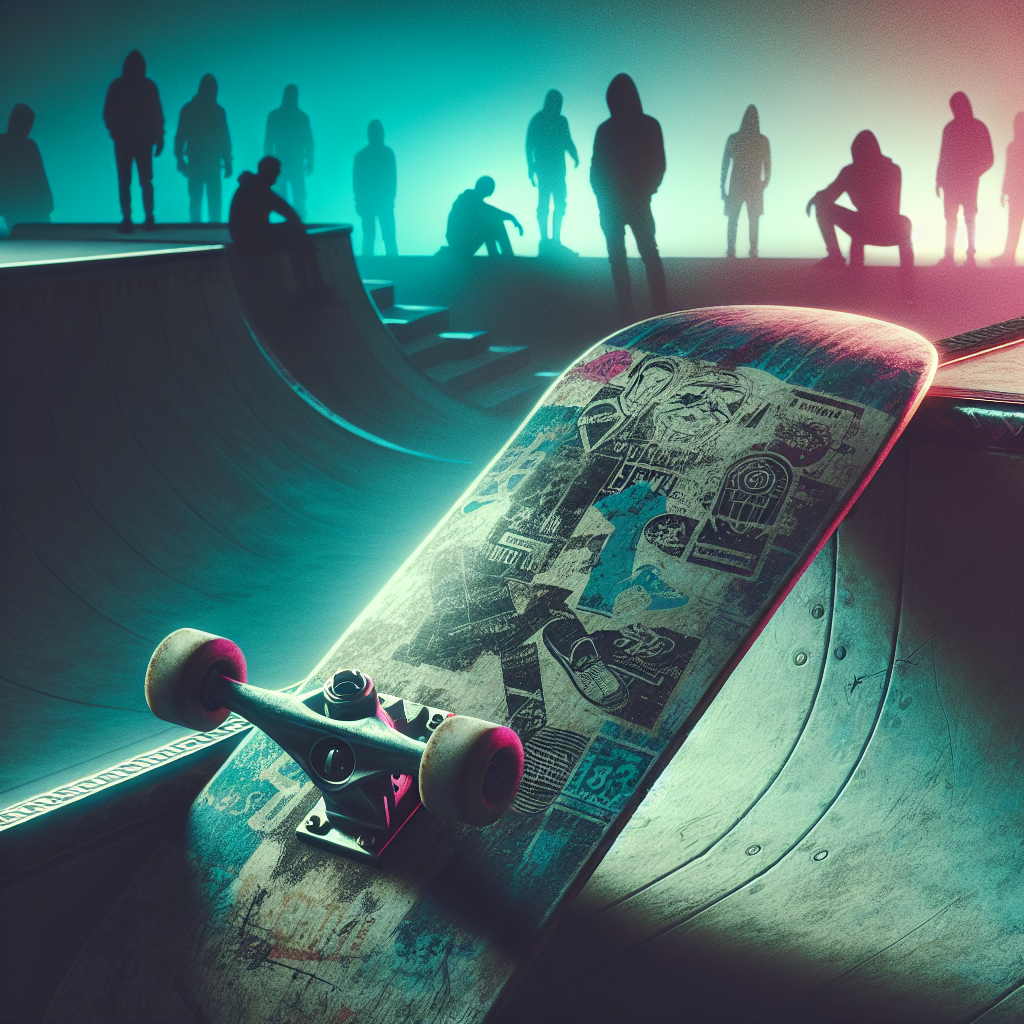 A worn skateboard rests against a halfpipe ramp, its deck boasting faded decals. Neon lights bathe the scene, casting a glow on the surrounding fog and the silhouettes of lounging hackers.